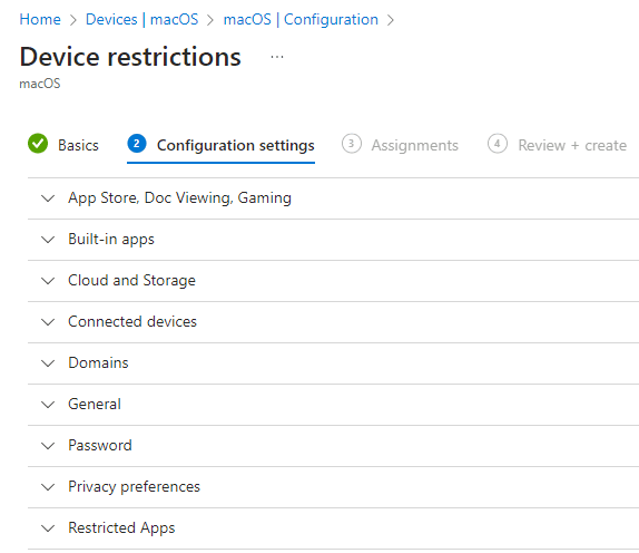 Device restrictions settings and device features policy